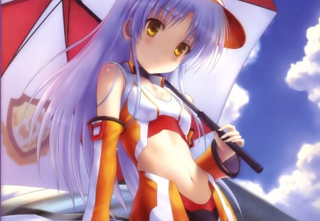 Girl with Umbrella - anime, female, angel beats, long hair, kanade tachibana, umbrella, tachibana, kanade, purple hair, sky, yellow eyes, anime girl, hot, girl, tachibana kanade, cloud, cute, sexy