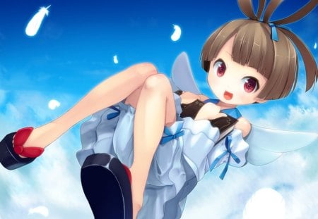 Lil' Fairy - nice, sky, female, wings, anime girl, book, brown hair, red eyes, pretty, cloud, anime, feather, cute, short hair, fly, girl, lovely, kawaii, wing, sweet, fairy, happy, float, dress