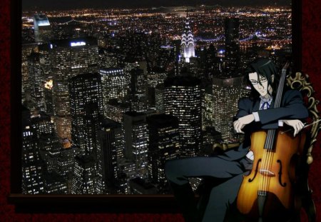 HaJi - anime, scenery, town, scene, guy, night, light, long hair, boy, male, blood plus, cello, sunglasses, house, bloodplus, haji, hot, scenic, suit, handsome, instrument, glasses, black hair, cute, sexy, building