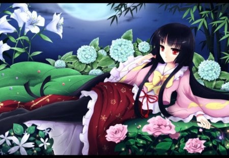 Houraisan Kaguya - pretty, anime, elegant, divine, female, blossom, night, light, bamboo, touhou, gorgeous, nice, moon, anime girl, kaguya, beautiful, hot, houraisan kaguya, girl, beauty, lovely, sweet, flower, petals, red eyes, lng hair, black hair, cute, floral, sexy