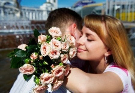 Romantic Hug. - hug, love, flowers, blue