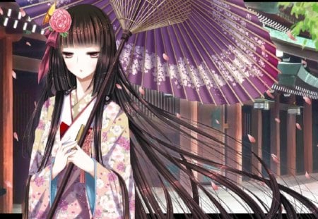 Japanese Girl - umbrella, girl, temple, orginal, kimono, long hair, art, japanese