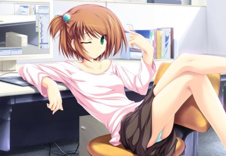 At Work - computer, anime, anime girl, workplace