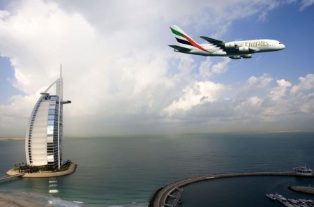 Dubai Sky - airplane, plains, ocean, architecture, plane, aircraft, dubai, nature, modern, sailboat, hotel