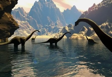 Land of the Dinosaurs - past, hills, water, dinosaurs, 3d, mountains