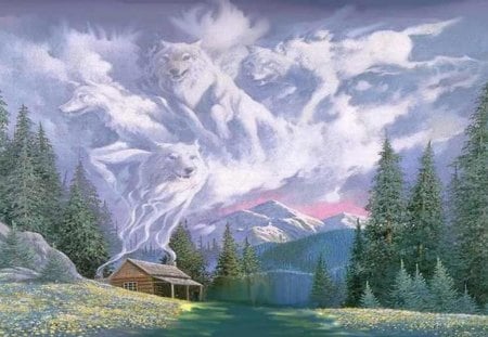 Wolf Spirits - trees, cabin, plains, forest, mountains, woods, wolves