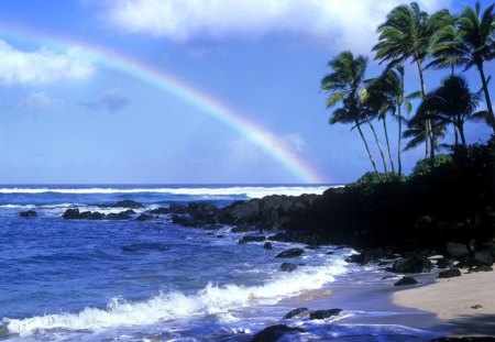 RAINBOW over the shore@OAHU HAWAII - rainbow, coastline, north shore, hawaii, oahu