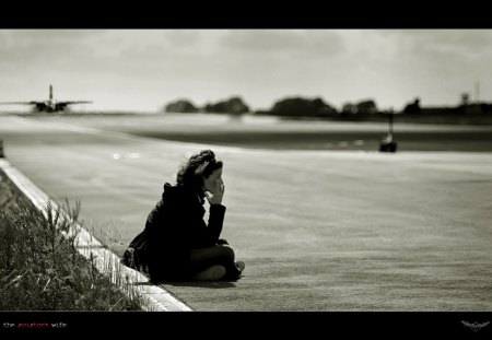 Pilot's Wife - sadness, abstract, black and white, wife, aviator, pilot