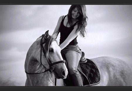 Loyal Friends - spanish, horses, girl, black and white, animals, andalusian