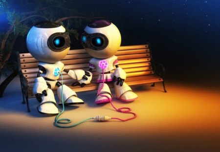 Pluged to your heart - white, night, couple, love, sitting, robot