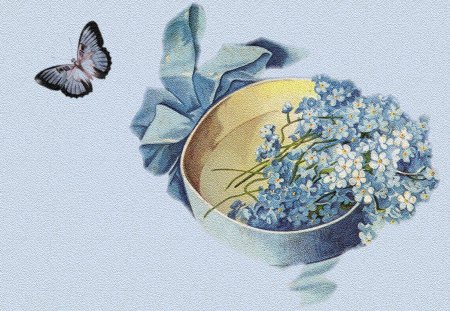 *Flutter with Blue Flowers* - blue, blossom, buds, splendor, drawings, gentle, flowers, butterfly designs, ribbon, beautiful, paintings, colors, lovely, cool, florals, sweet, bouquet, bloom, tender touch, butterfly, cute, bow, animals, softness