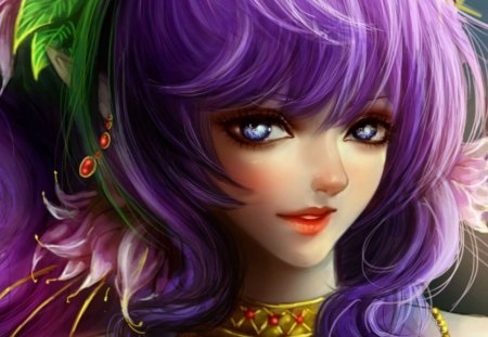 Beauty - beauty, woman, jewelry, girl, hair, earing, blue eyes, fantasy, purple, game, yellow, red, anime, green, golden