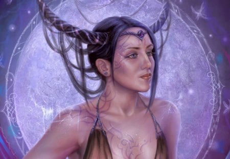 Horned beauty - tattoo, stone, amethyst, aries, girl, beauty, pink, precious, horns, creature, purple, woman, glitter, zodiac, brunette