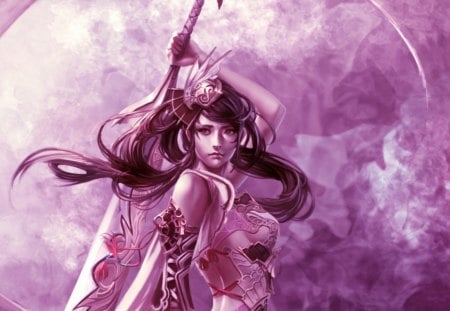 Fantasy girl - sword, fighter, purple, pink, beauty, katana, brunette, woman