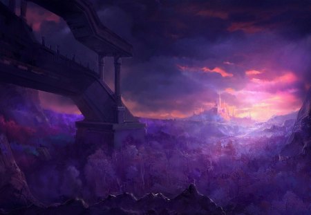 Fantasy world - sky, sun, fantasy, view, art, purple, ruins, cloud, castle, realm, tree, bridge, land, light, world, pink, city