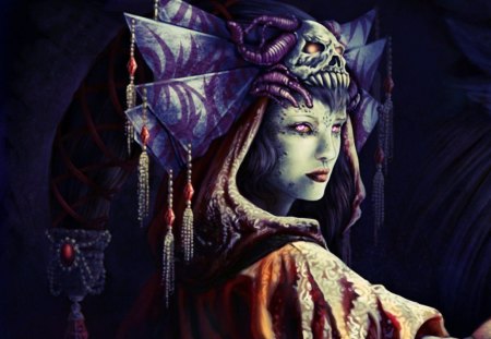 Demon Queen - blue, eyes, crown, pink, horns, precious, skull, red, zodiac, stone, queen, aries, girl, creature, fantasy, woman, demon