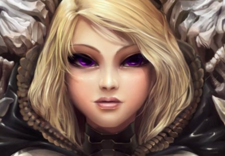 Zodiac ~ Aries (detail) - beauty, woman, zodiac, girl, fantasy, horns, white, art, purple, pink, amethyst eyes, creature, aries, blonde