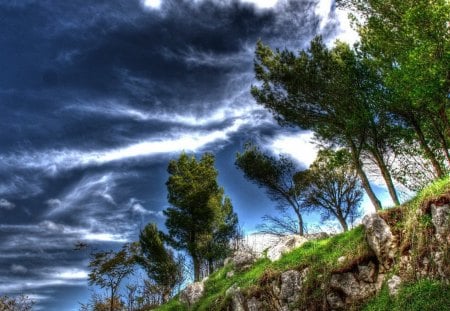 tree lined ridge hdr - ridhe, hill, rocks, clouds, trees, hdr