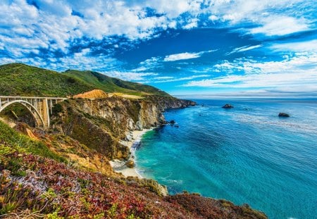 Bridge seaside - clouds, cove, landscape, cliffs, ocean, bay