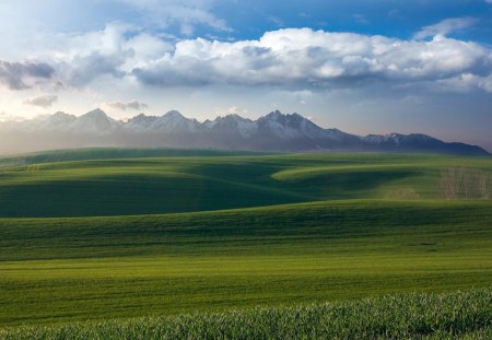 Green line - clouds, snowy peaks, landscape, grass, mountains, valley