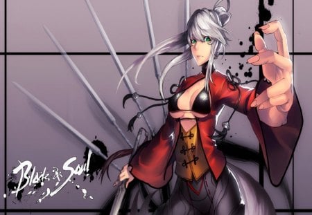 Blade & Soul - sexy, hot, girl, long hair, original, green eyes, katana, anime, sword, cute, jjune, blade and soul, white hair