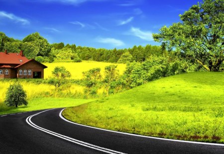 Down The Curved Road - sky, curved, trees, landscape, hills, road, nature, clouds, house, grass