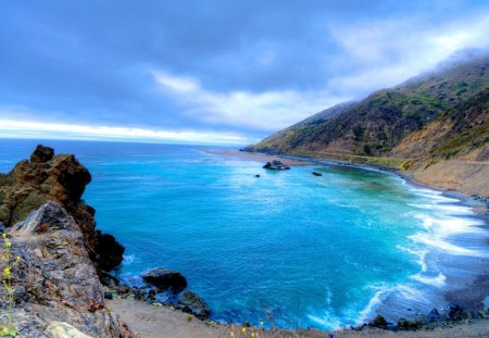 Blue cove - seaside, ocean, hills, landscape, clouds, bay