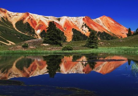 Mountain Red World, Colorado - sky, lake, trees, mountain, water, nature, reflection, red, green, grass