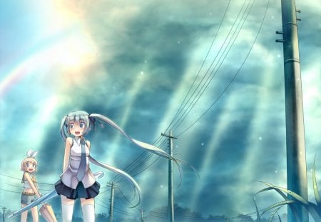 The Coming of The Sun - hatsune miku, sunshine, rainbow, sky, umbrellas, rin kagamine, vocaloid, clouds, smiles, anime, friends