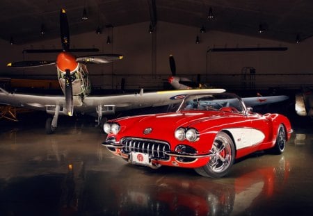 vintage corvette in a hanger with WWII fighters - convertibale, car, vintage, hanger, planes