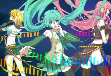 Sing Your Heart Out - megurine luka, girls, vocaloid, anime, microphone, long hair, friends, singing, colorful, hatsune miku, rin kagamine