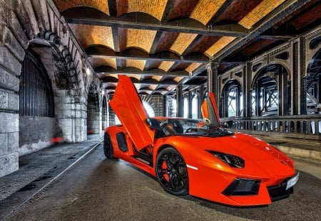 lamborghini aventador - red, car, road, columns, overpass, doors