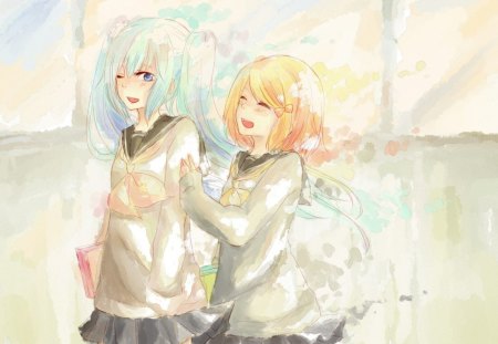 ~Hatsune & Rin~ - vocaloid, anime, rin kagamine, friends, hatsune miku, happy