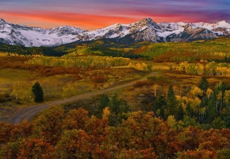 Mountains in Colorado - clouds, trees, yellow, mountain, sunset, nature, autumn, field, colorado, sky