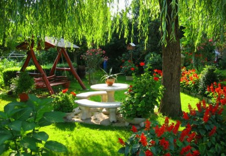 Nature at home - swing, flowers, yard, trees