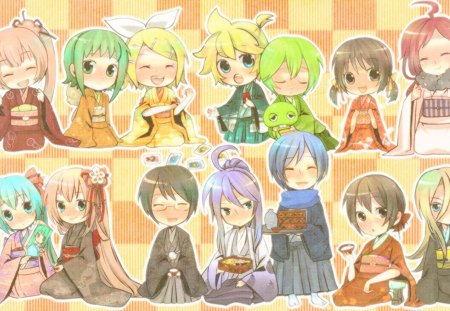 ~Vocaloid Gathering~ - anime, vocaloid, rin and len kagamine, people, bows, hatsune miku, long hair, cards, gumi, colorful, megurine luka, cute, friends, gathering, blue eyes