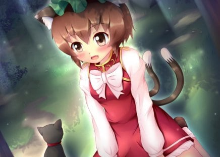 ~Chen~ - tails, brown eyes, anime, green hat, touhou, Chen, cat, cat ears