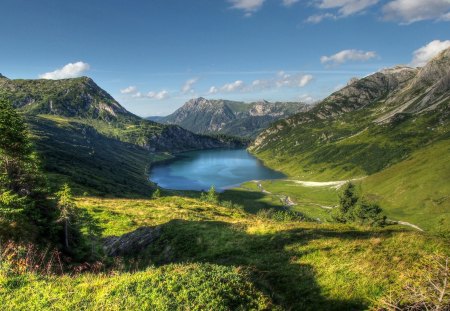 Mountain late afternoon - lakes, valley, landscape, trees, alps, green hills