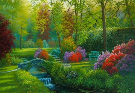 Lovely garden - beautiful, stonebridge, splendor, colors, lovely, magical, flowers, green, garden, color, bridge, park