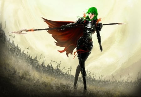 G U M I - female, armor, spear, vocaloid, armour, soldiers, gumi, cape, weapons, green hair