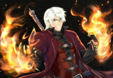 Dante - dmc, dante, game, anime, white hair, male, devil may cry, black background, fire, flames, games, coat, video games, video game, blue eyes