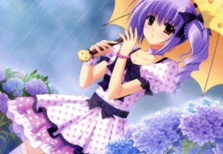 Raining Day - female, water, anime girl, raining, pretty, umbrella, anime, cute, girl, rain, wet, long hair, purple hair, gown, kawaii, floral, flower, dress