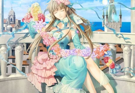 Flowers - hot, anime girl, tower, elegant, petals, ribbon, palace, sexy, building, lady, scenic, long hair, flora, floral, beautiful, sweet, dress, nice, beauty, sky, browwn hair, female, brown hair, gorgeous, pretty, cloud, castle, anime, house, cute, scene, maiden, girl, braids, gown, lovely, balcony, scenery, blossom, flower