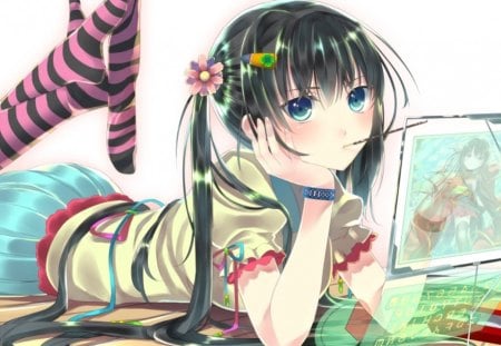 Modern Digital - sexy, hot, girl, female, twintails, long hair, computer, anime girl, green eyes, eat, eating, anime, digital, green hair, cute