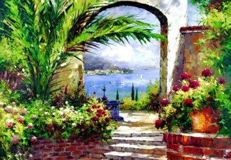 Rose arch - stairs, nice, roses, sailboats, water, colorful, painting, view, art, pretty, tree, lake, boats, summer, lovely, palm, bushes, arch, nature, beautiful, leaves, sea