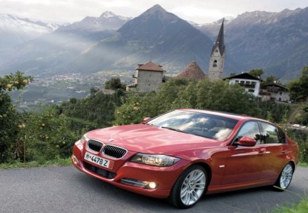 BMW 325 - church steeple, village, houses, alps, mountains, apples