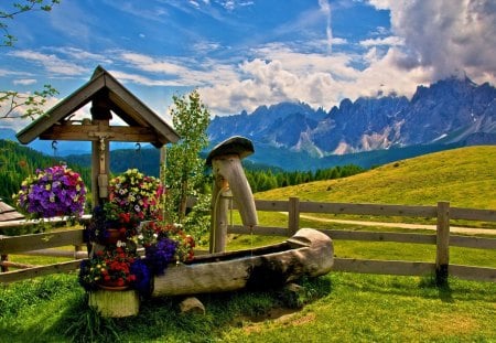 Summer in Italy - pretty, summer, dolomites, grass, mountain, nice, sky, clouds, greenery, mountainscape, Europe, beautiful, lovely, freshness, fence, flower, nature, green, Italy