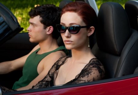 Beautiful Creatures (2013) - Ethan Wate, man, Ridley Duchannes, car, red, movie, actor, beautiful creatures, girl, beauty, Emmy Rossum, Alden Ehrenreich, actress, fantasy, redhead, glasses, green, woman