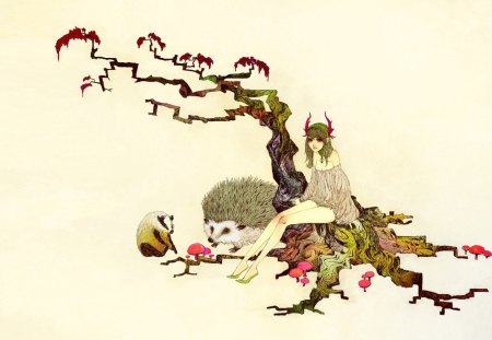 Oriental artwork - oriental, animals, tree, woman, art