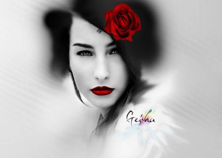 Geisha - beauty, woman, geisha, red, oriental, japanese, rose, model